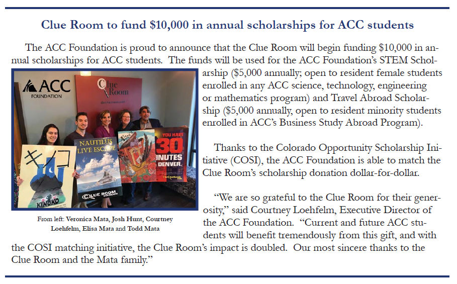 Learn more about The Clue Room in our feature in Arapahoe Community College's Scholarship Newsletter
