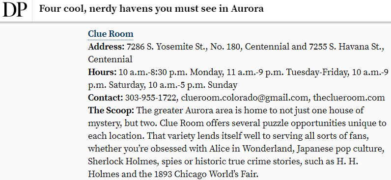 See The Clue Room feature in Denver Post