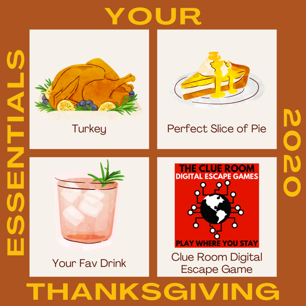 Your 2020 Thanksgiving Essentials: turkey, perfect slice of pie, your favorite drink, and The Clue Room Digital Escape Games!